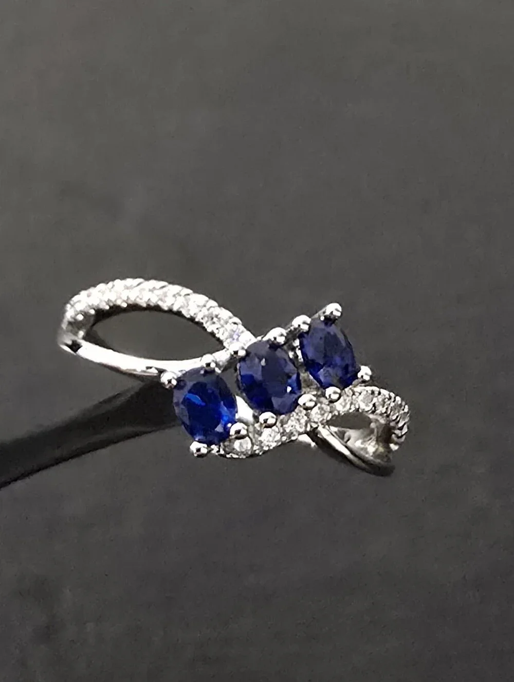Oval Blue Sapphire Three Stone Wrap Ring Size 7 September Birthstone Women Gift